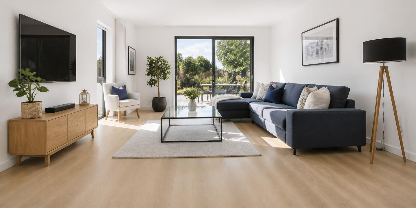 Bright Northampton living room with newly fitted light oak LVT flooring